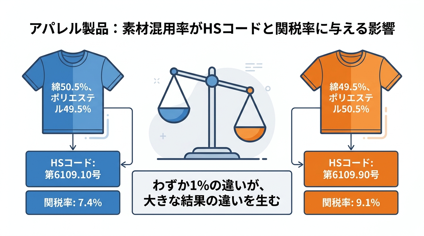 綿とポリエステルの混用率がわずか1%違うだけで、TシャツのHSコードと関税率が変動することを示すインフォグラフィック。
