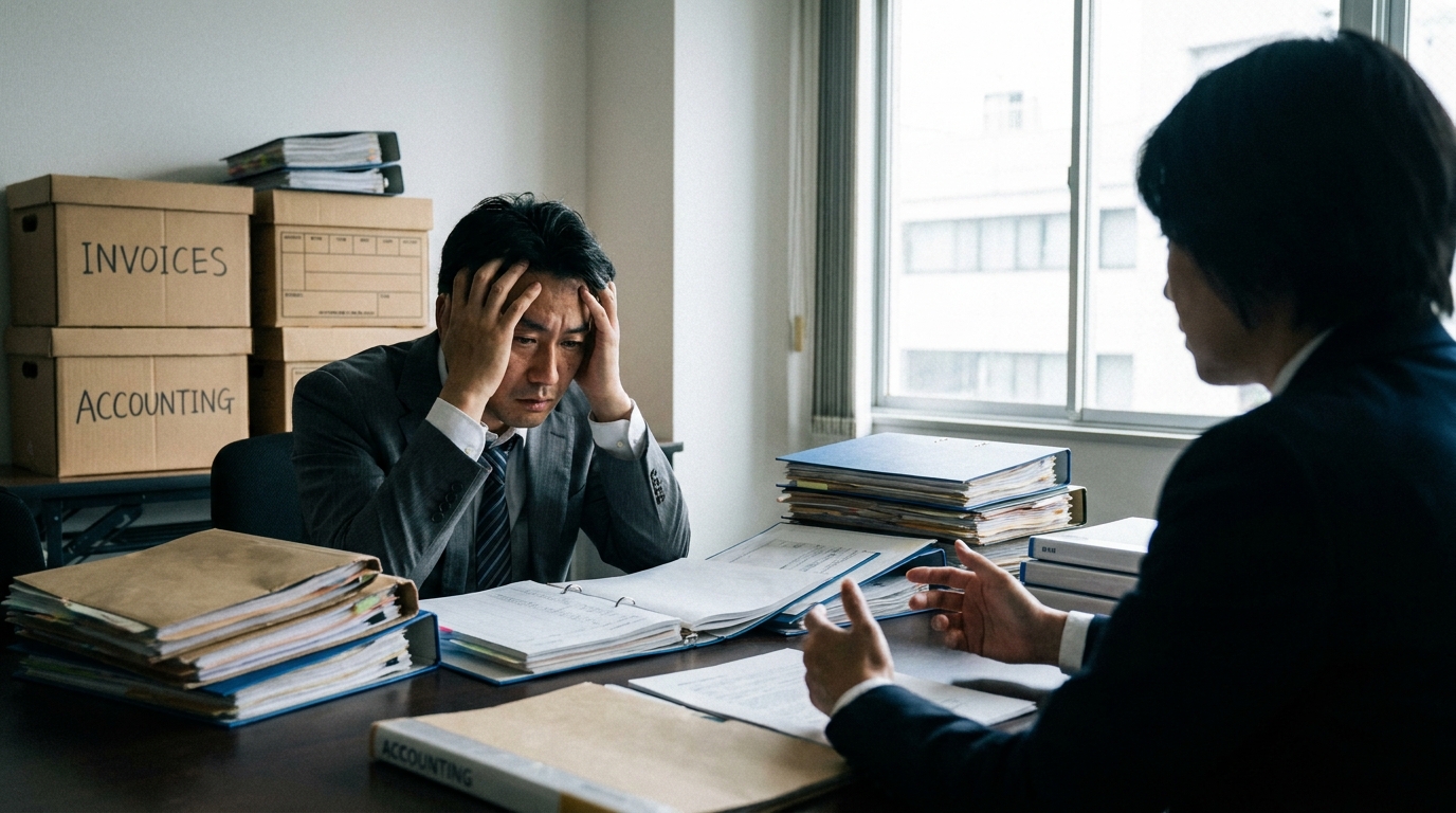 税関事後調査で大量の書類を前に頭を抱える輸入事業者の男性。追徴課税のリスクに直面している様子。