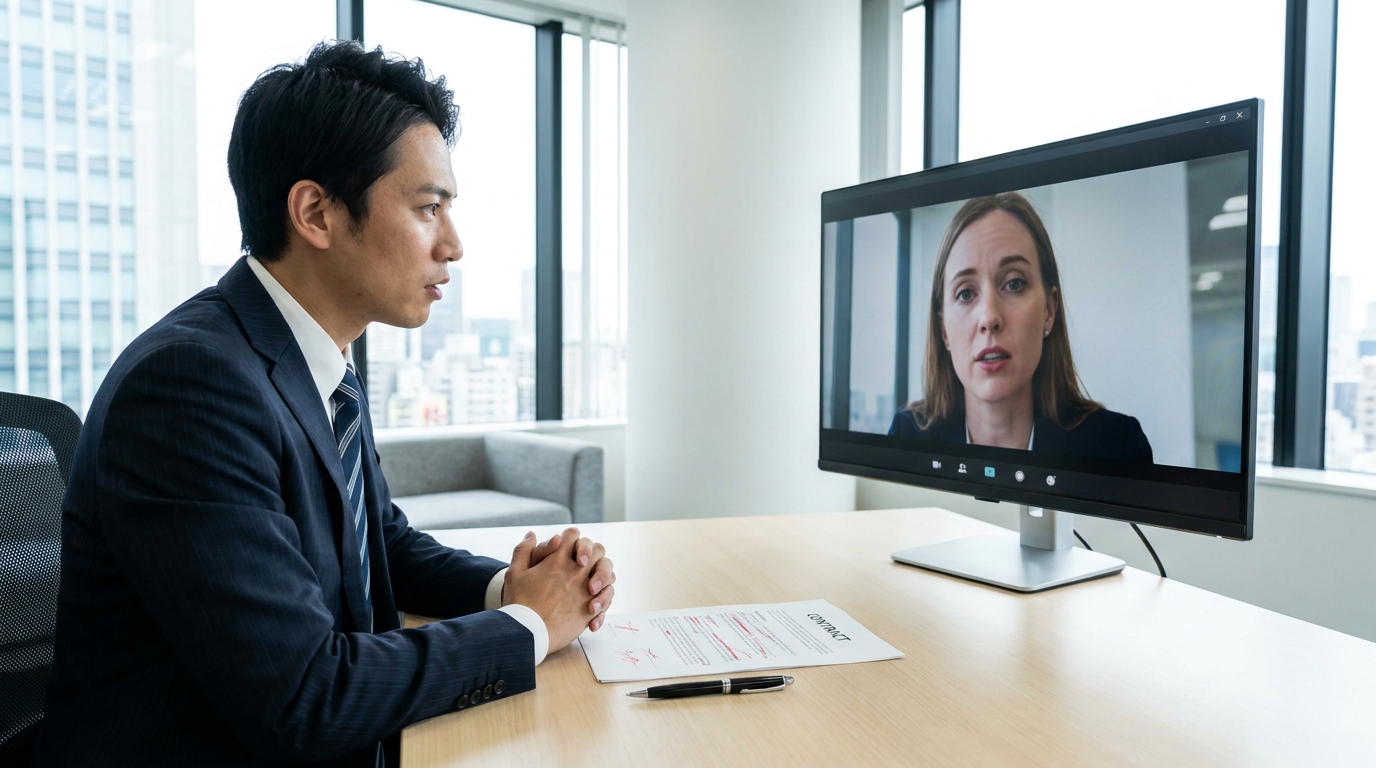 海外サプライヤーと成分情報の開示についてオンラインで交渉する日本のビジネス担当者。