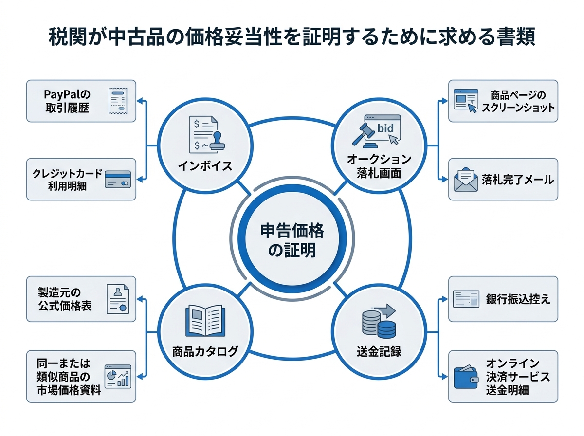 税関に中古品の価格妥当性を証明するための必要書類を図解したインフォグラフィック