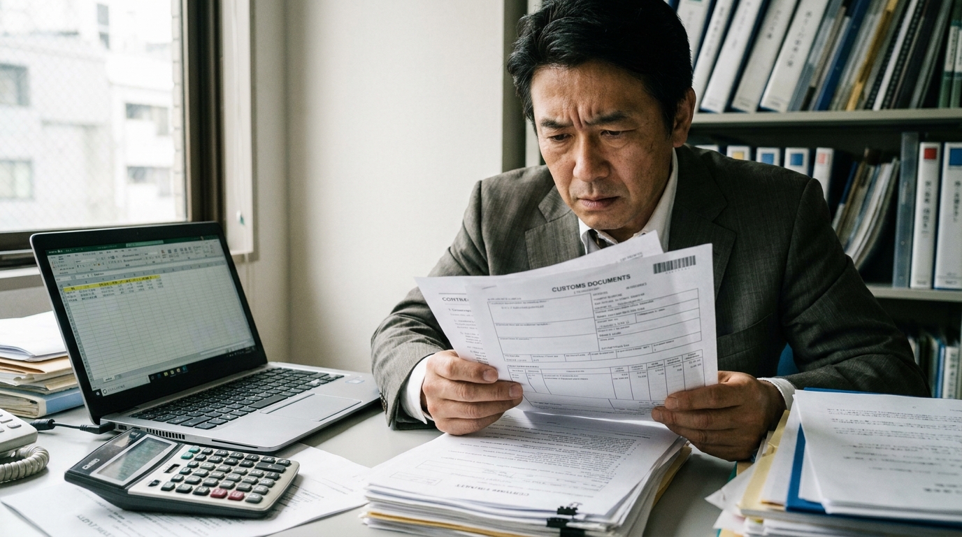 輸入取引の契約書を確認し、値引きの関税評価について悩むビジネスパーソン。