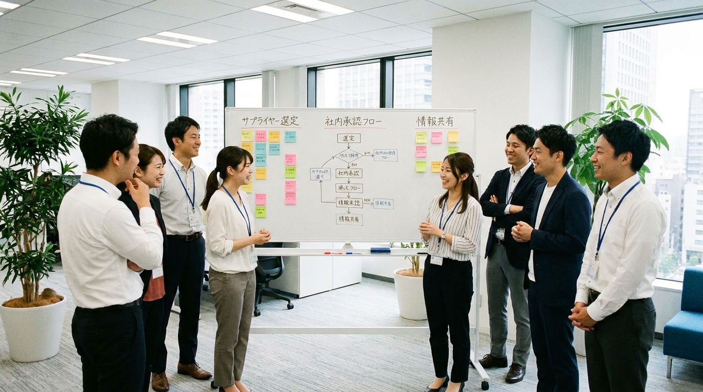 化学品輸入のリスク管理のため、社内コンプライアンス体制を構築するチームのイラスト。