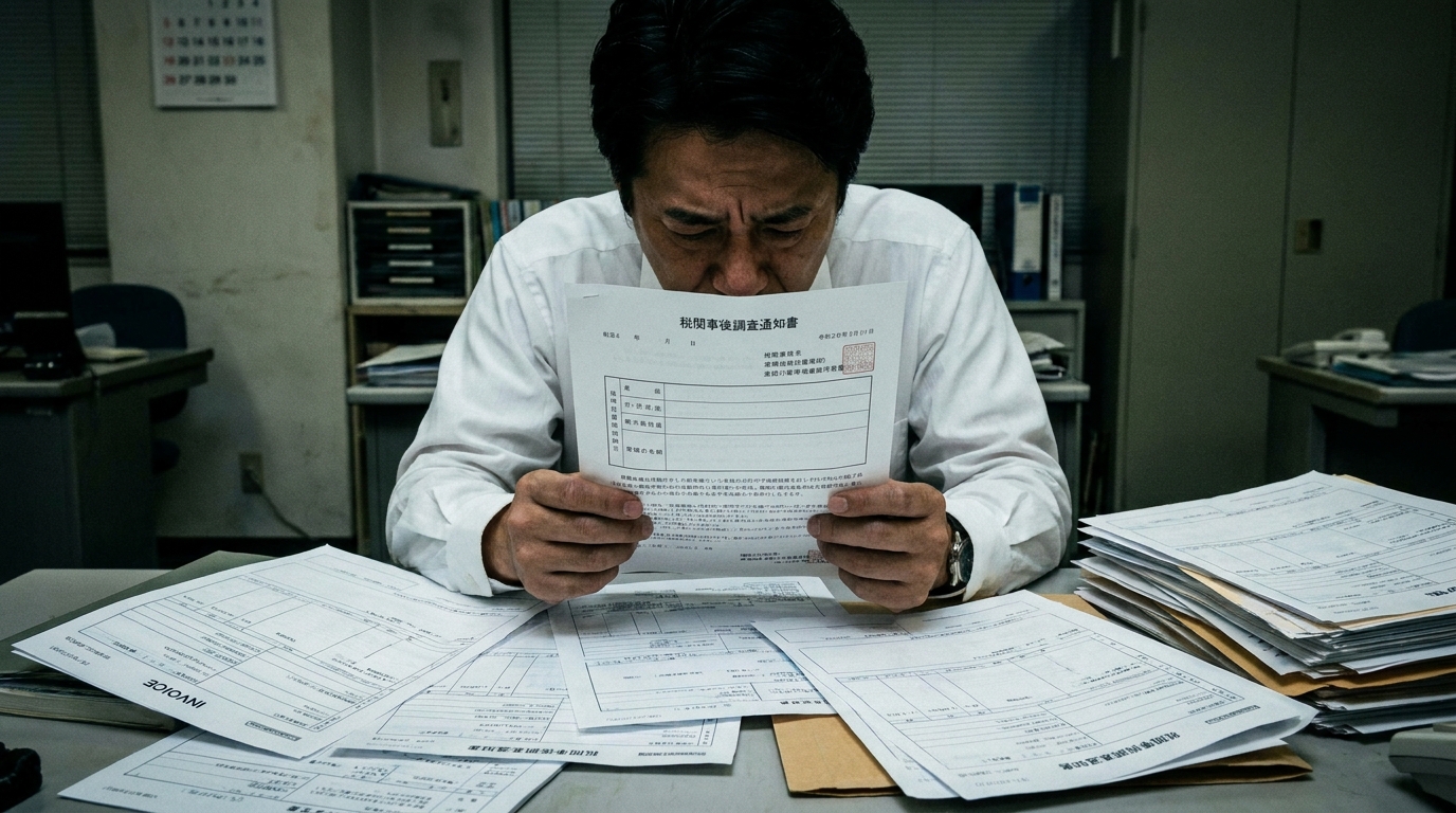 税関事後調査の通知に頭を抱える輸入事業担当者。EPA適用の否認リスクに直面している様子。