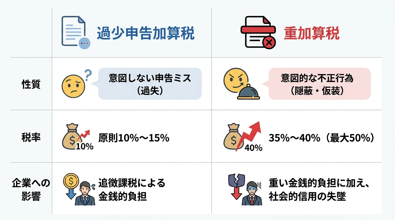 重加算税と過少申告加算税の違いを比較する図解。性質、税率、企業への影響の3項目で、重加算税が金銭的負担だけでなく社会的信用の失墜を招く重大なペナルティであることを示している。