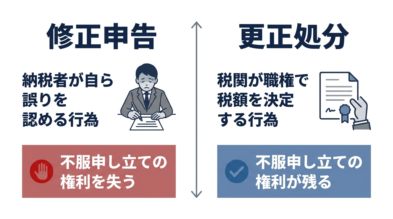 修正申告と更正処分の違いを図解したインフォグラフィック。修正申告は不服申し立ての権利を失うが、更正処分なら権利が残ることを示している。