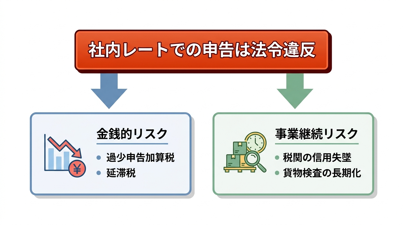 社内レートでの輸入申告がもたらす2つの主要なリスク。「金銭的リスク（追徴課税）」と「事業継続リスク（信用の失墜）」をアイコンと共に分かりやすく図解している。