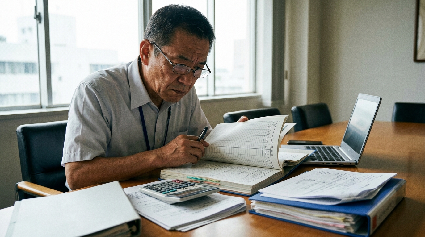 税関の事後調査で、調査官が企業の帳簿を厳しくチェックしている様子。不適切な申告が発覚するリスクを象徴している。
