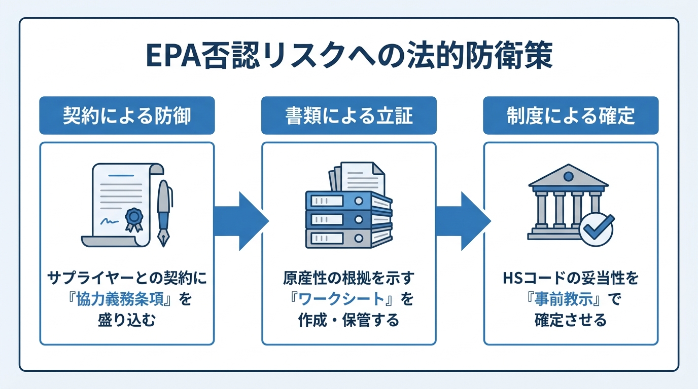 EPA否認リスクへの3つの法的防衛策を示した図解。ステップ1は契約による防御、ステップ2は書類による立証、ステップ3は事前教示制度による確定。