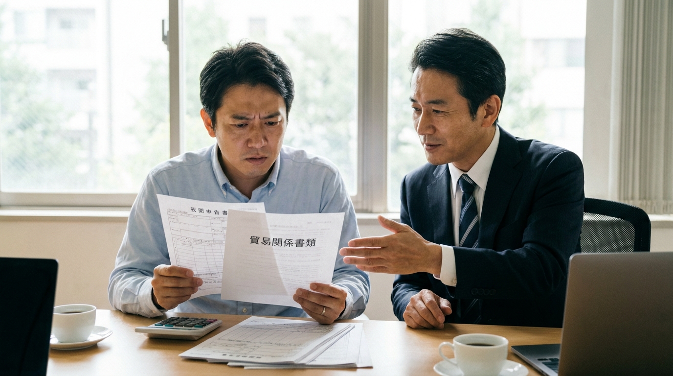 税関事後調査の書類を前に、弁護士に相談する輸入事業者の男性。専門家と共に重加算税のリスクに立ち向かう様子。
