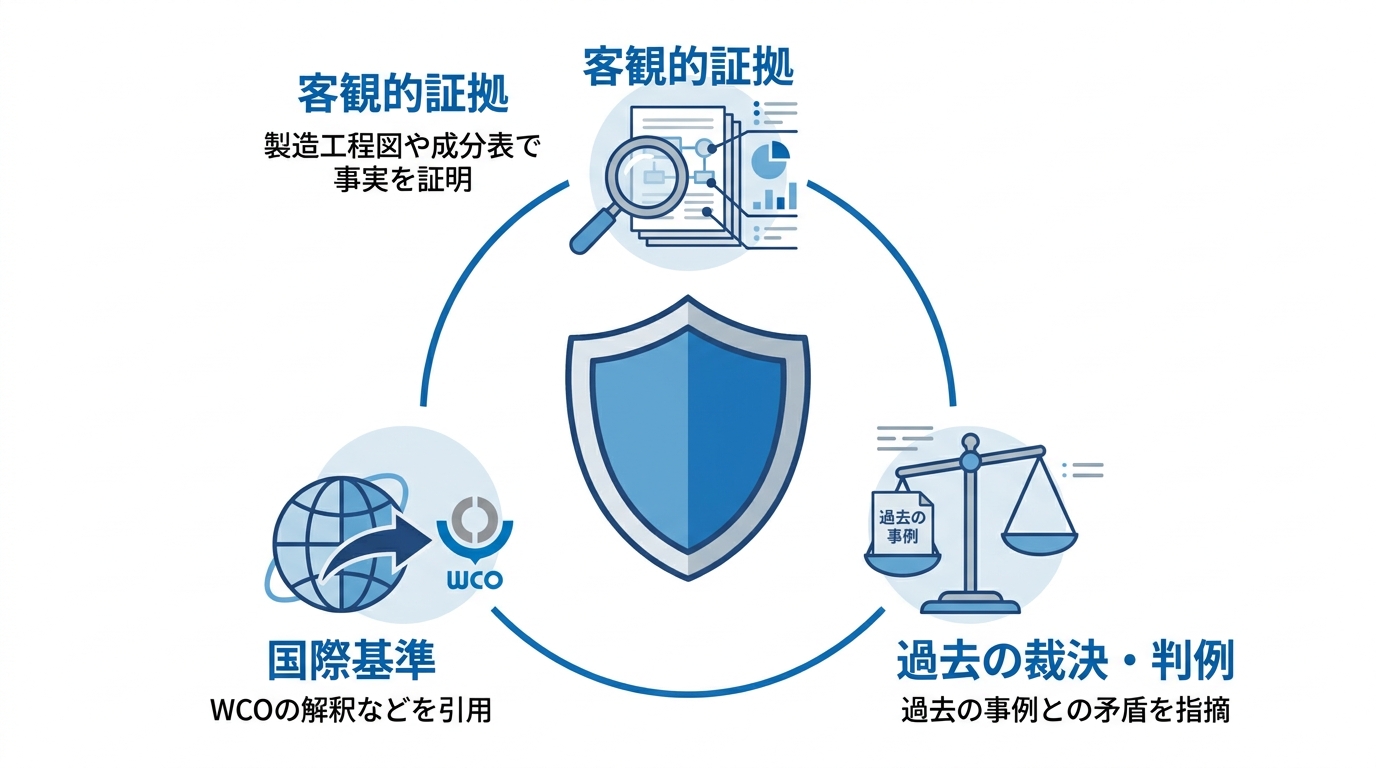 税関不服申し立てを成功させる3つの武器（客観的証拠、過去の裁決・判例、国際基準）を図解したインフォグラフィック。