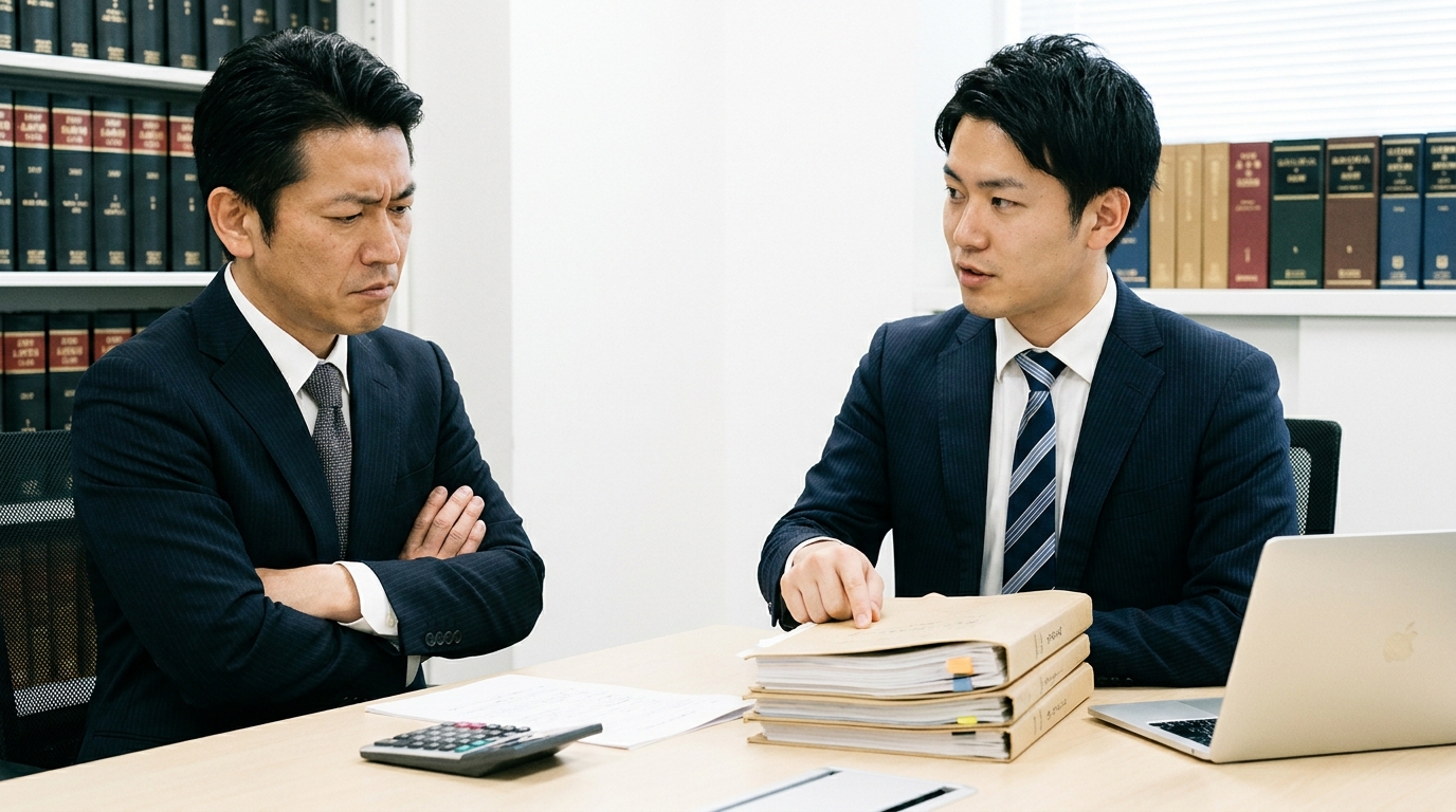 税関の処分について弁護士に相談する輸入事業者。弁護士が書類を基に法的なアドバイスをしている。
