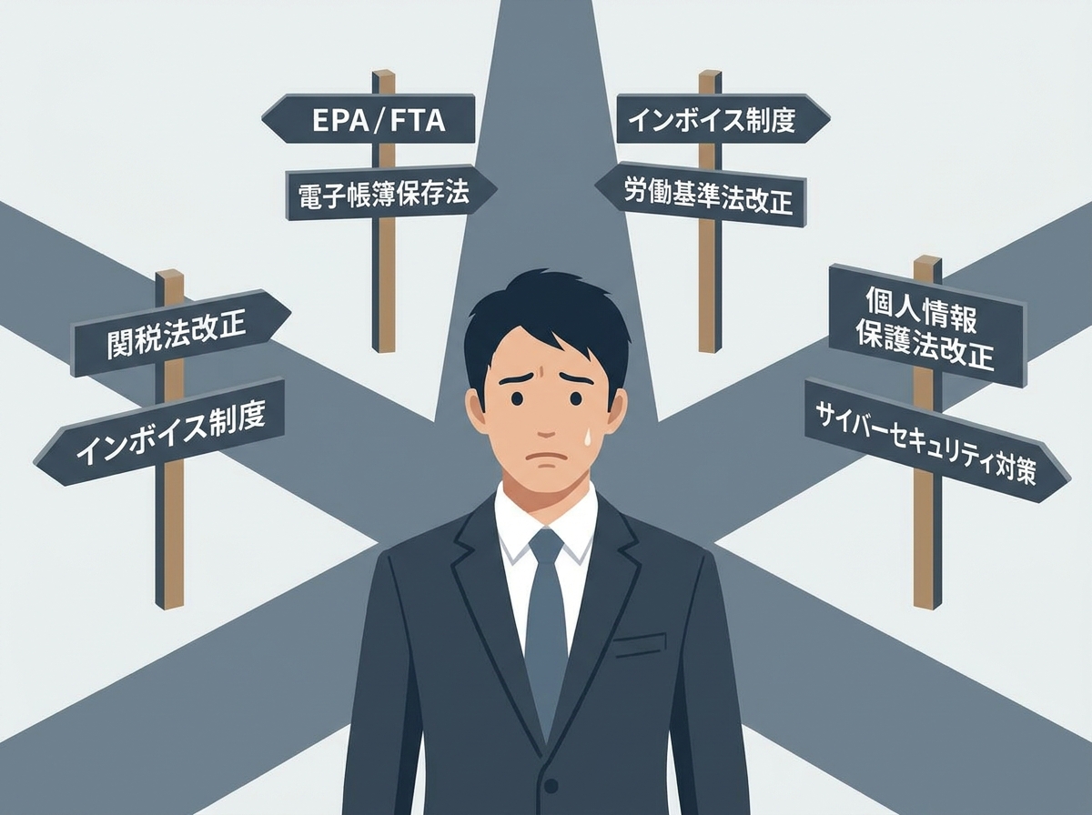 ビジネスパーソンが法改正の分かれ道で迷っているイラスト。法令改正へのキャッチアップの重要性を示している。