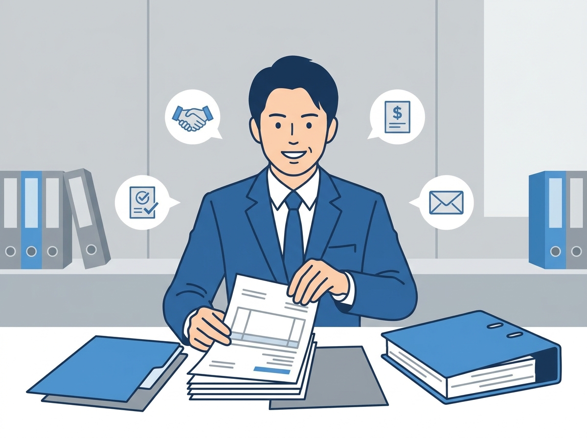 価格調整の根拠となる契約書やメールなどの客観的資料をきちんと保管しているビジネスパーソンのイラスト。