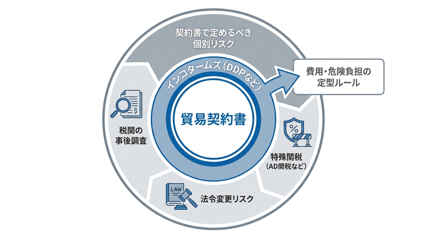 インコタームズと貿易契約書の関係を示す図解。インコタームズが定型ルールをカバーし、契約書が事後調査や法令変更などの個別リスクに対応する必要があることを示している。