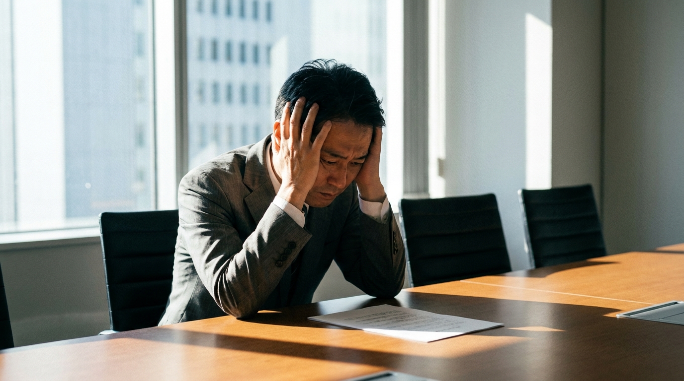 輸入不正の内部通報を受け、深刻な表情で頭を抱える経営者。