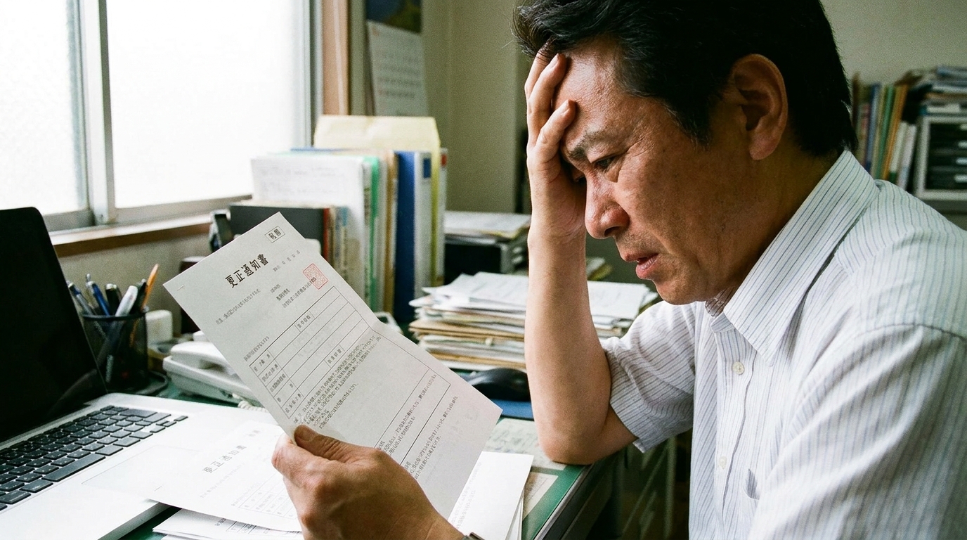 通関業者のミスによる追徴課税通知書を見て頭を抱える輸入事業者のイメージ。