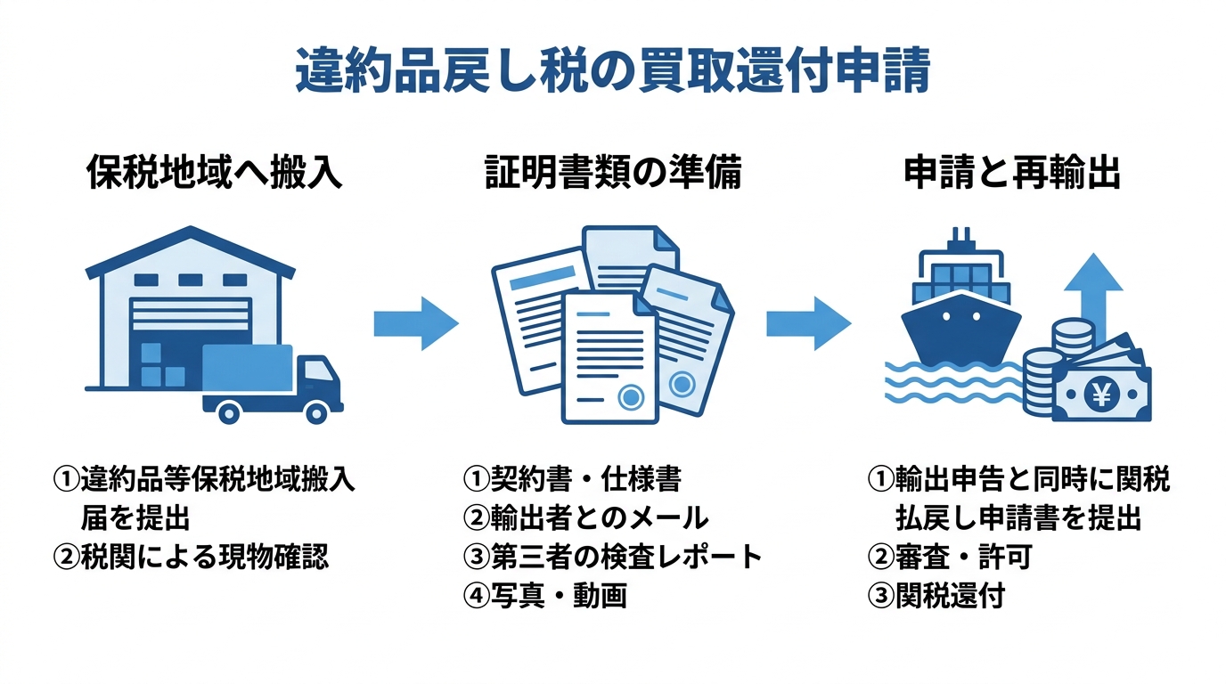 違約品戻し税による関税還付を成功させるための3つのステップを示した図解。ステップ1は保税地域への搬入、ステップ2は証明書類の準備、ステップ3は申請と再輸出。