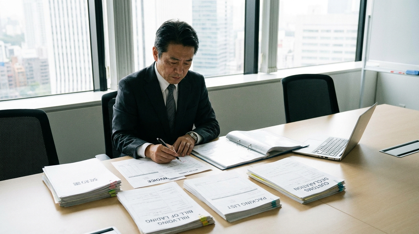 税関事後調査の事前準備として、契約書やインボイスなどの関連書類を真剣な表情で確認しているビジネスパーソン。