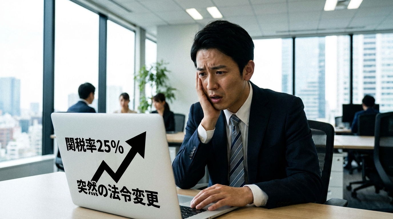 突然の関税率アップのニュースに驚くビジネスパーソン。法令変更リスクが貿易実務に与える衝撃を象徴している。