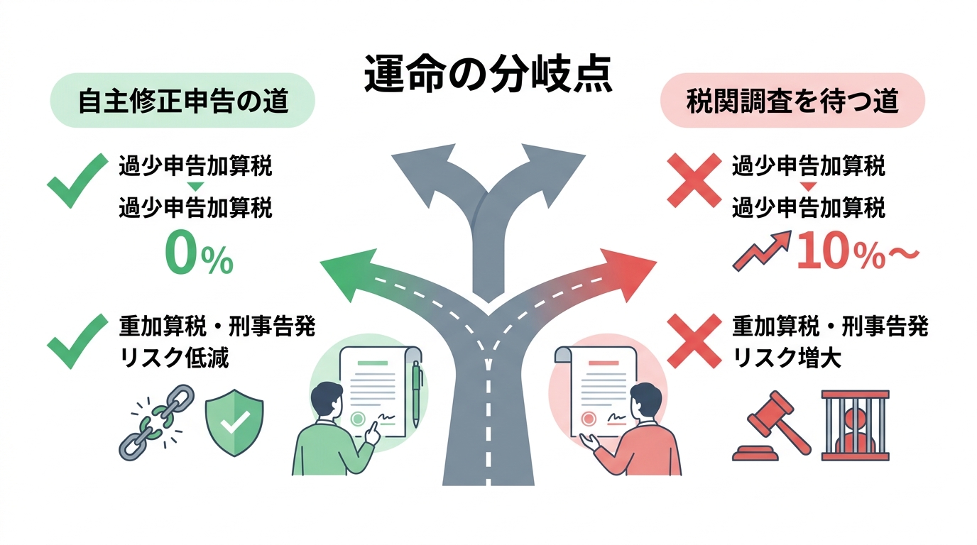 自主修正申告と税関調査後の修正における加算税率やリスクの違いを比較した図解。