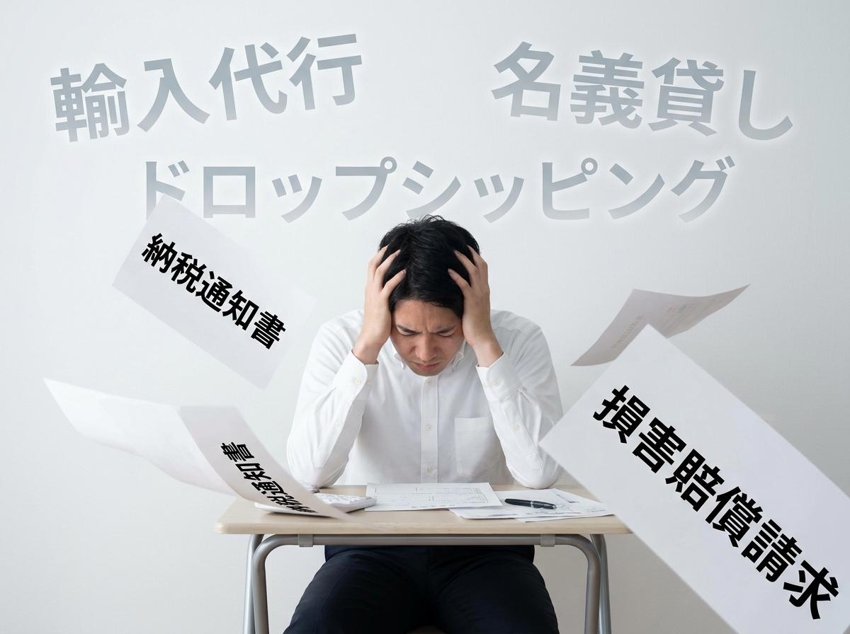 輸入ビジネスの法的リスクに直面し、頭を抱える事業主のイラスト。「納税通知書」や「損害賠償請求」という文字が、輸入代行や名義貸しの危険性を象徴している。