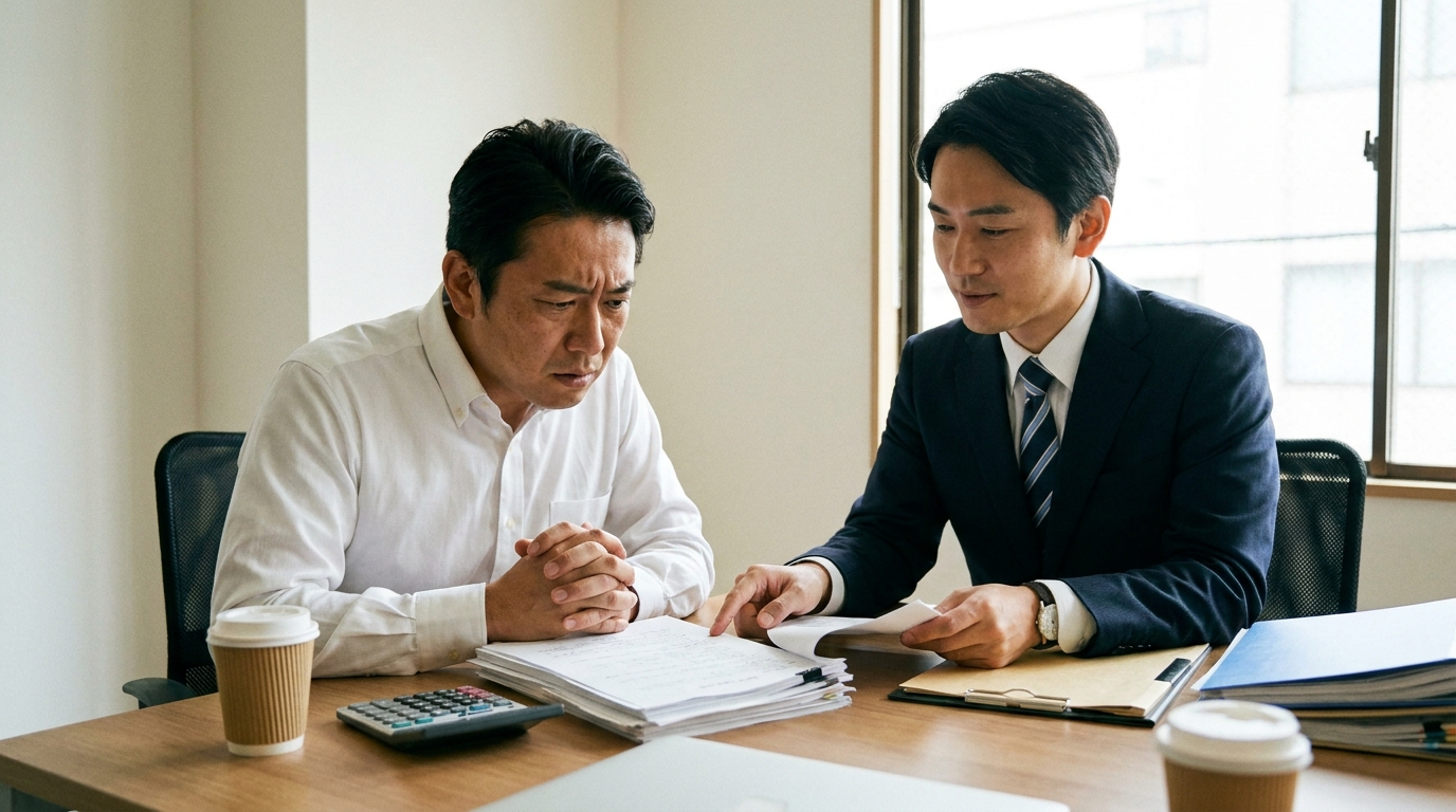 弁護士と相談する中小企業の経営者。税関からの書類を前に、専門家からアドバイスを受けている様子。