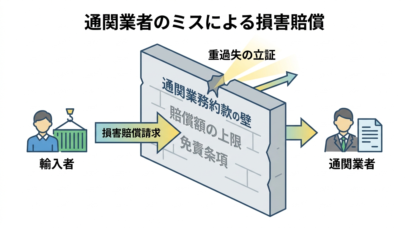 通関業者への損害賠償請求における「通関業務約款」という障壁と、重過失立証による突破の可能性を示した図解。