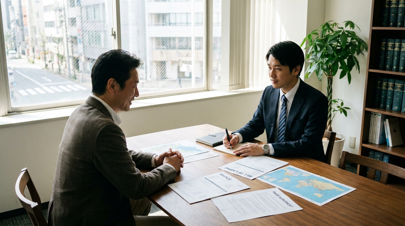 違約品戻し税の手続きについて、通関士資格を持つ弁護士に相談し、解決の糸口を見つけた輸入事業者のイメージ。