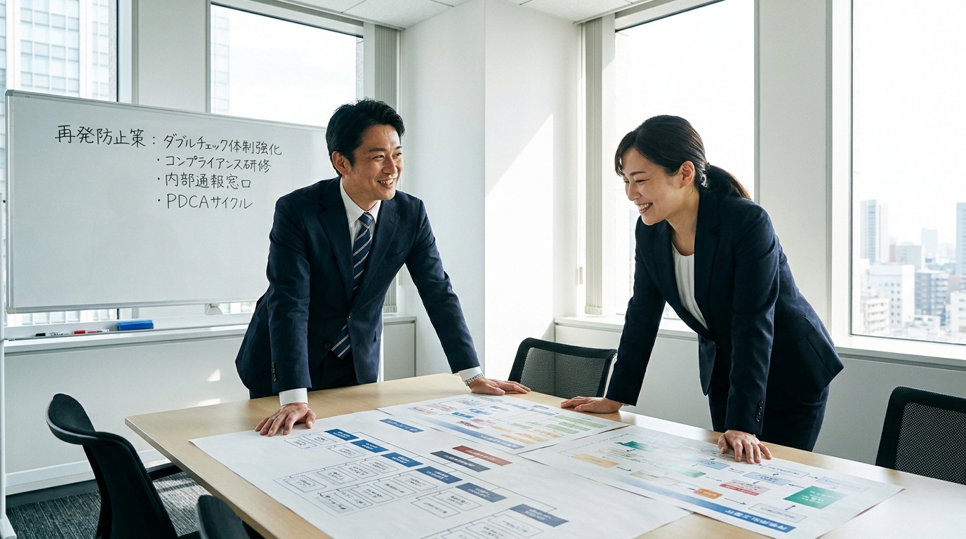 弁護士の支援のもと、輸入不正の再発防止策とコンプライアンス体制の構築について話し合う経営者。