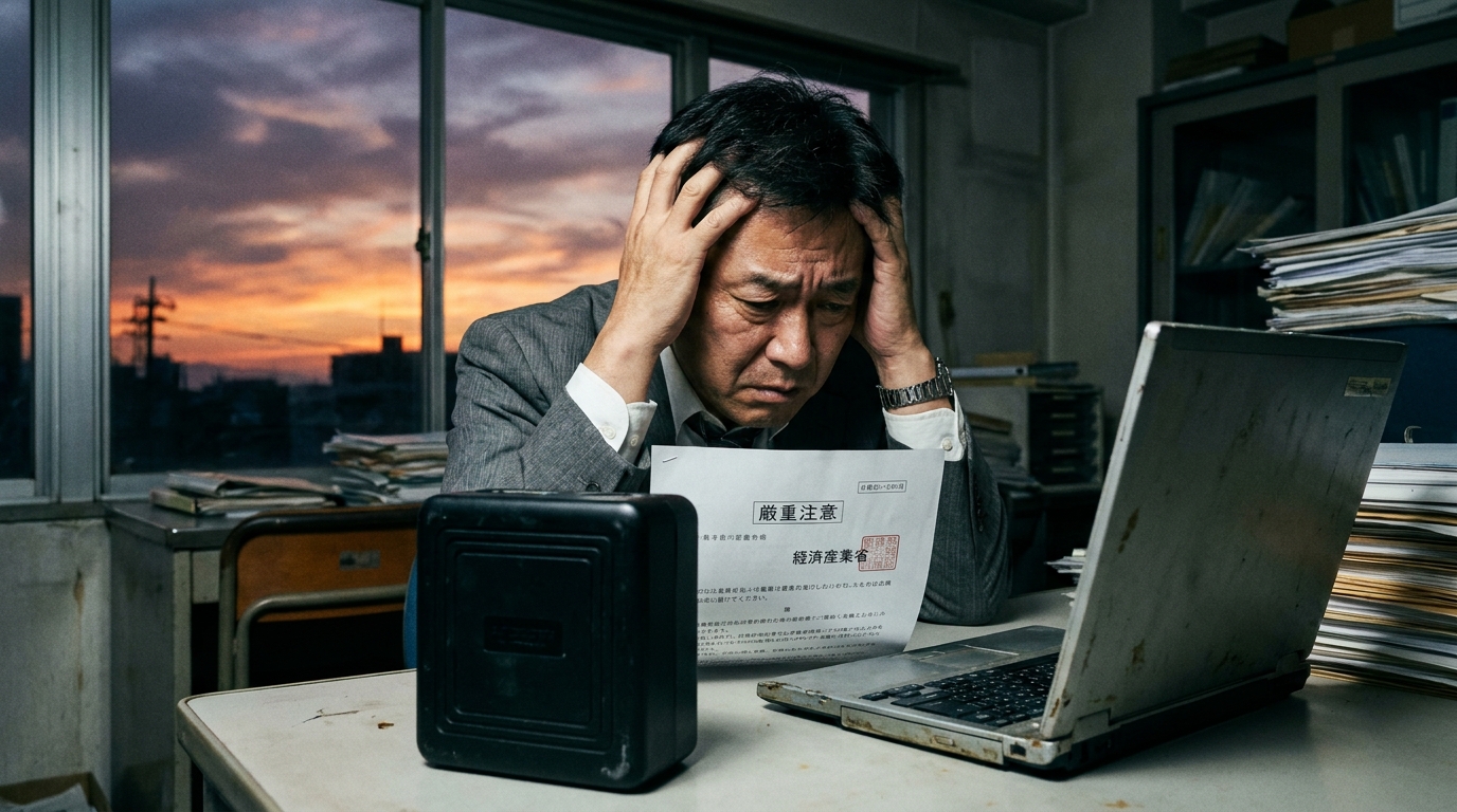 PSE法違反の通知を受け、オフィスで頭を抱えるモバイルバッテリー事業者の男性。