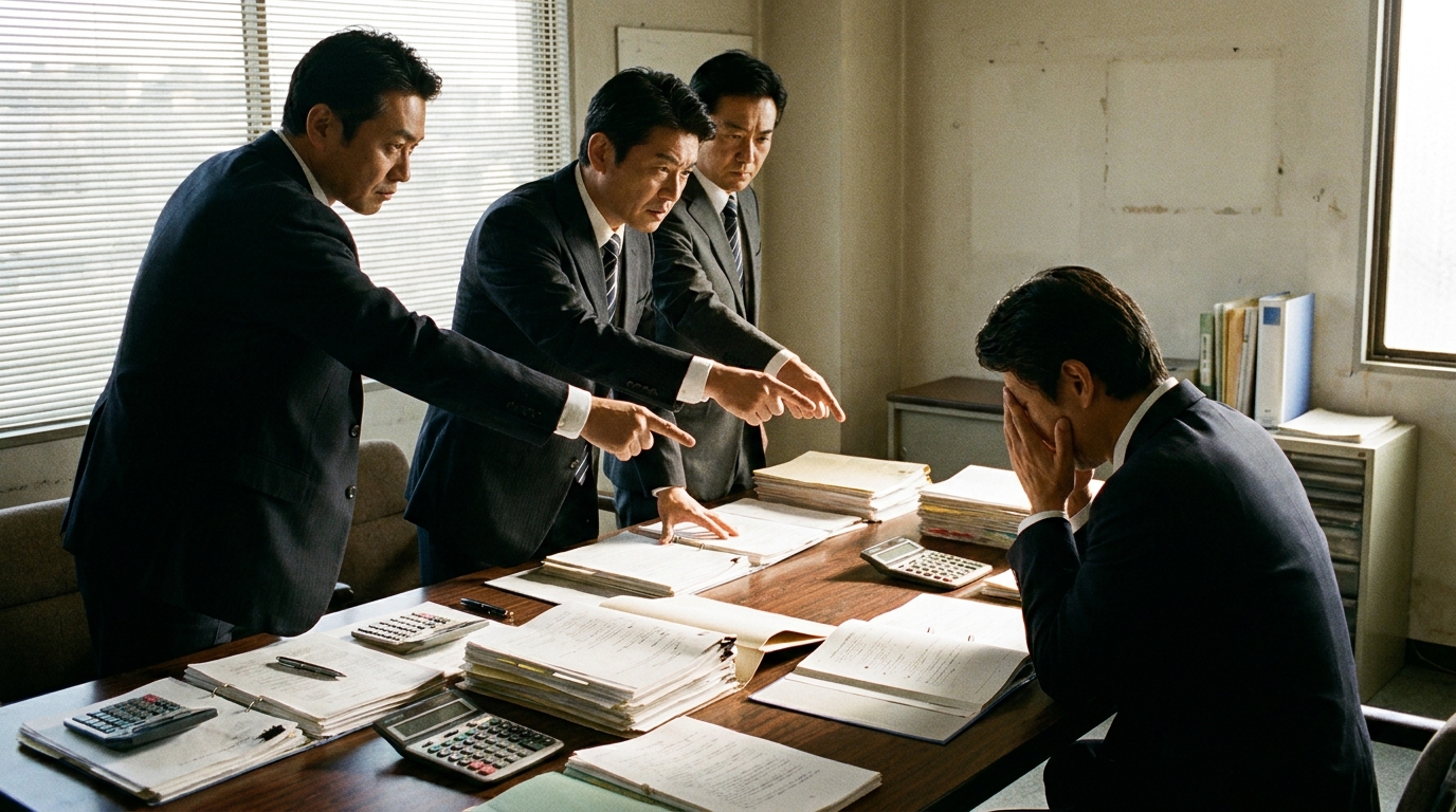 税関事後調査で厳しい表情の調査官から指摘を受け、頭を抱える経営者