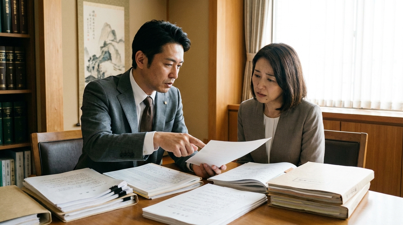 法律事務所で弁護士がクライアントに価格調整の関税リスクについて説明している様子。専門家による解決策の重要性を示唆している。