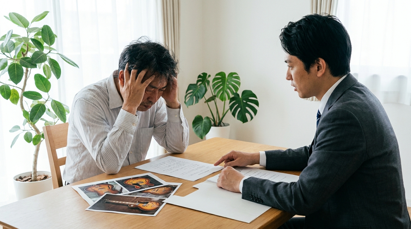 税関トラブルについて弁護士に相談する楽器店経営者。深刻な表情の男性に対し、弁護士が冷静に対応策を説明している。