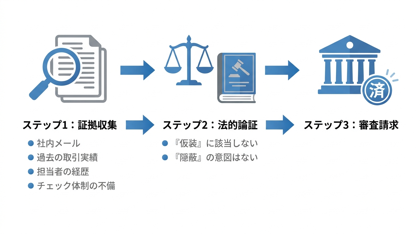 重加算税に反論するための3つのステップを示した図解。ステップ1は証拠収集、ステップ2は法的論証、ステップ3は審査請求。