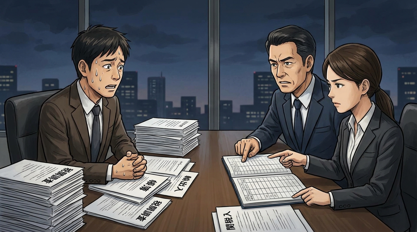 税関の事後調査で、鋭い表情の調査官から書類について指摘され、困惑する企業の担当者。