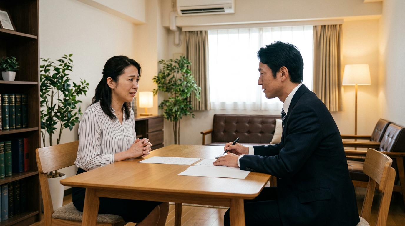 税関トラブルについて、法律事務所で弁護士に相談し、安堵の表情を浮かべる女性事業主。