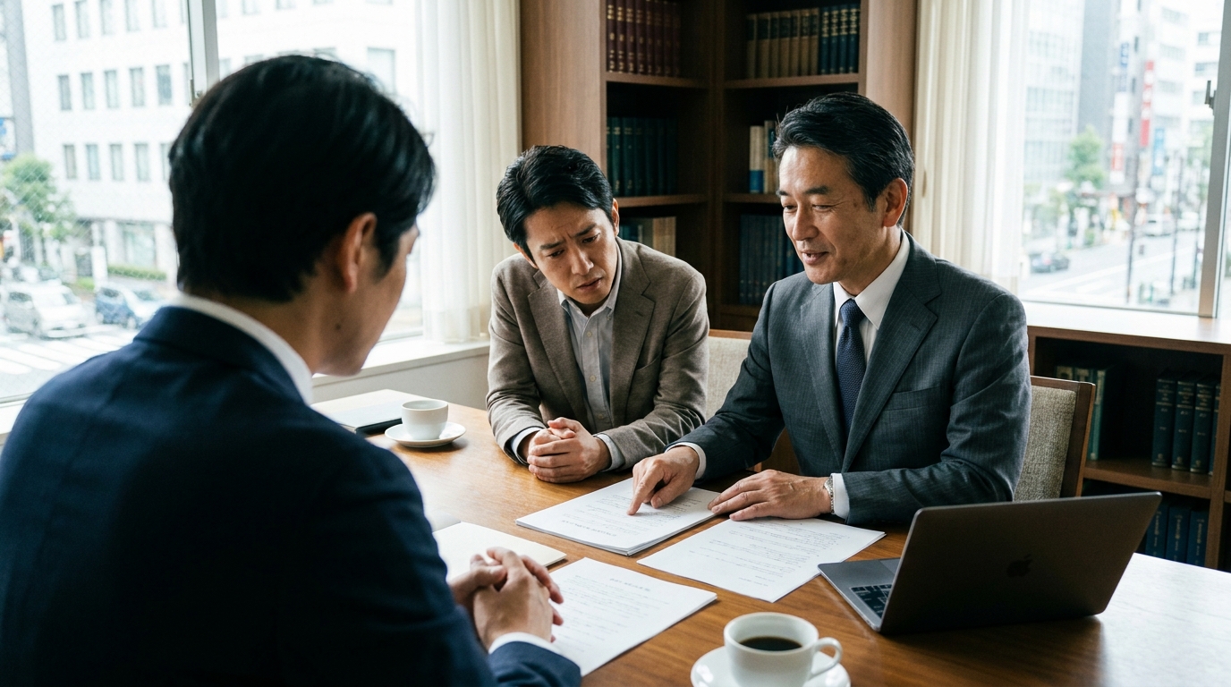 PSE法違反について、法律事務所で弁護士に相談し、解決策の説明を受ける事業者。