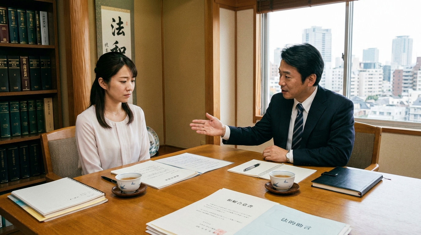 弁護士が依頼者である家族に親身に寄り添い、今後の対応について説明している様子。