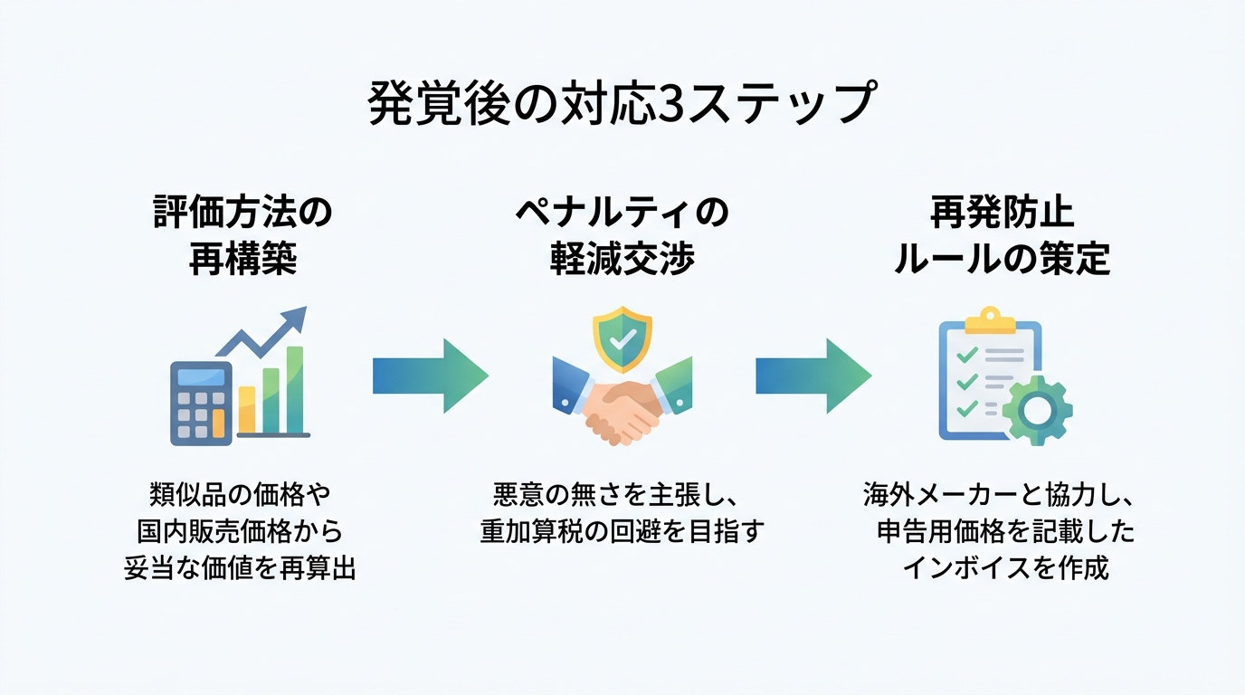 無償貨物の0円申告が発覚した際の対処法を3ステップで解説する図解。評価方法の再構築、ペナルティの軽減交渉、再発防止ルールの策定という流れを示している。