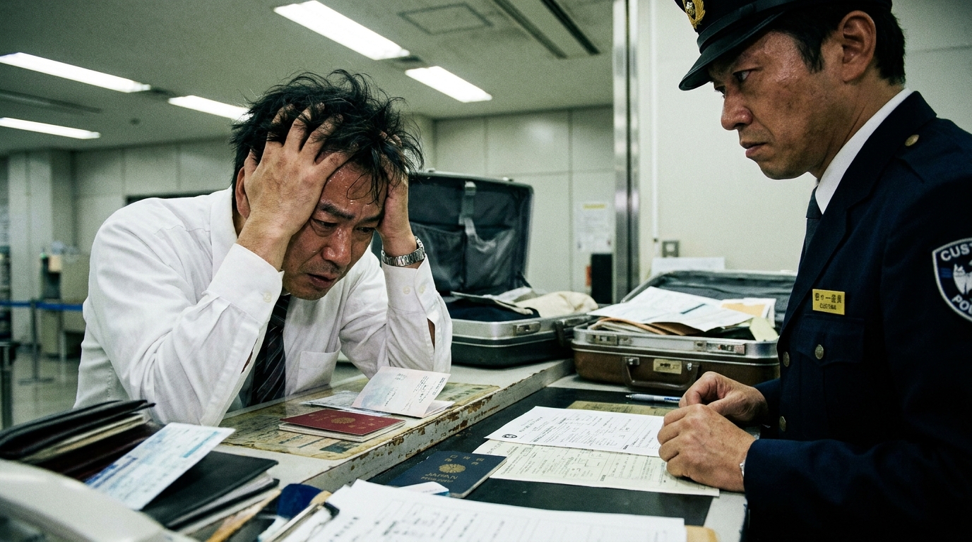 税関で追徴課税の通知を受け、頭を抱える輸入事業者の男性