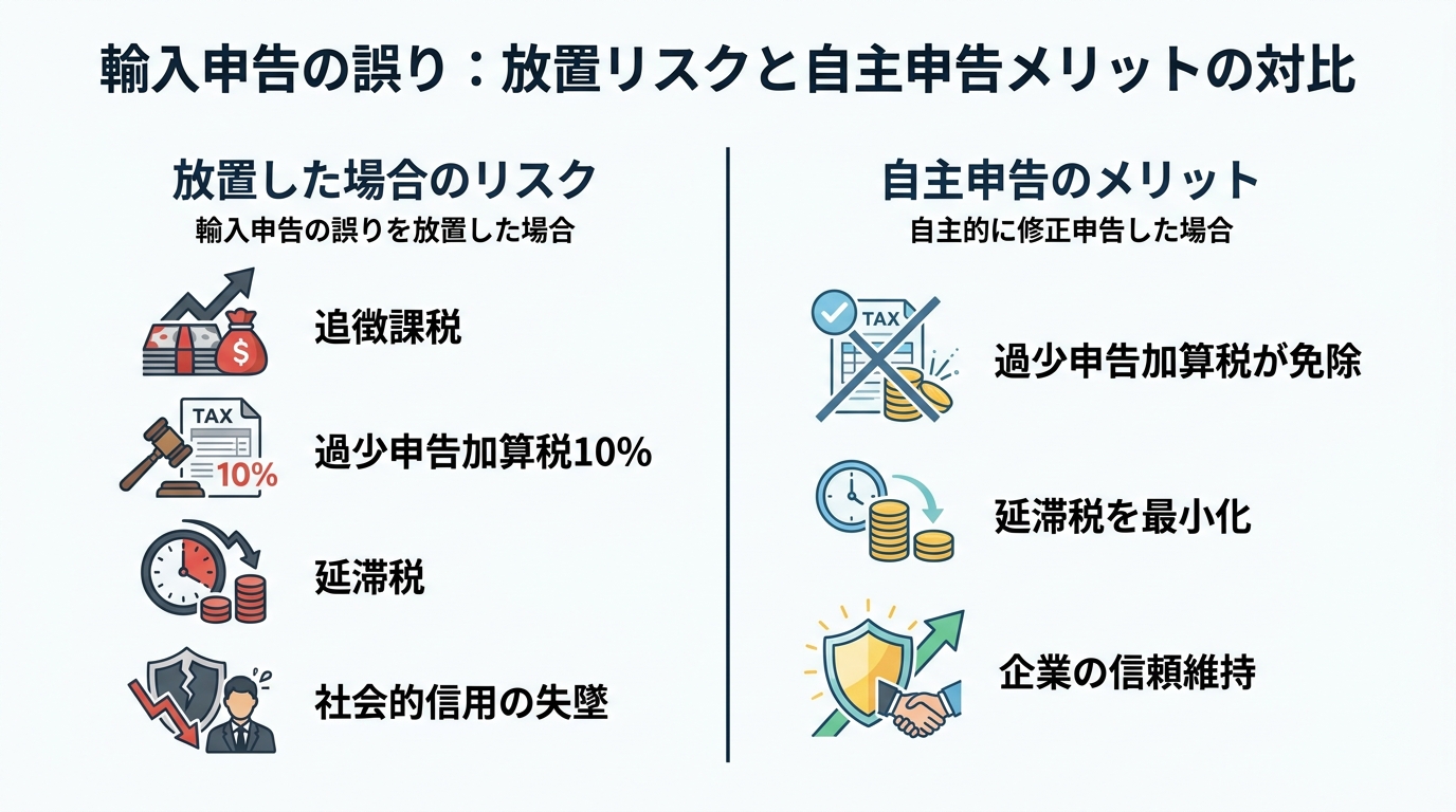 輸入申告の誤りを放置した場合のリスクと自主申告のメリットを比較する図解。放置すると追徴課税や加算税のリスクがあるが、自主申告すれば加算税が免除されるなどのメリットがあることを示している。