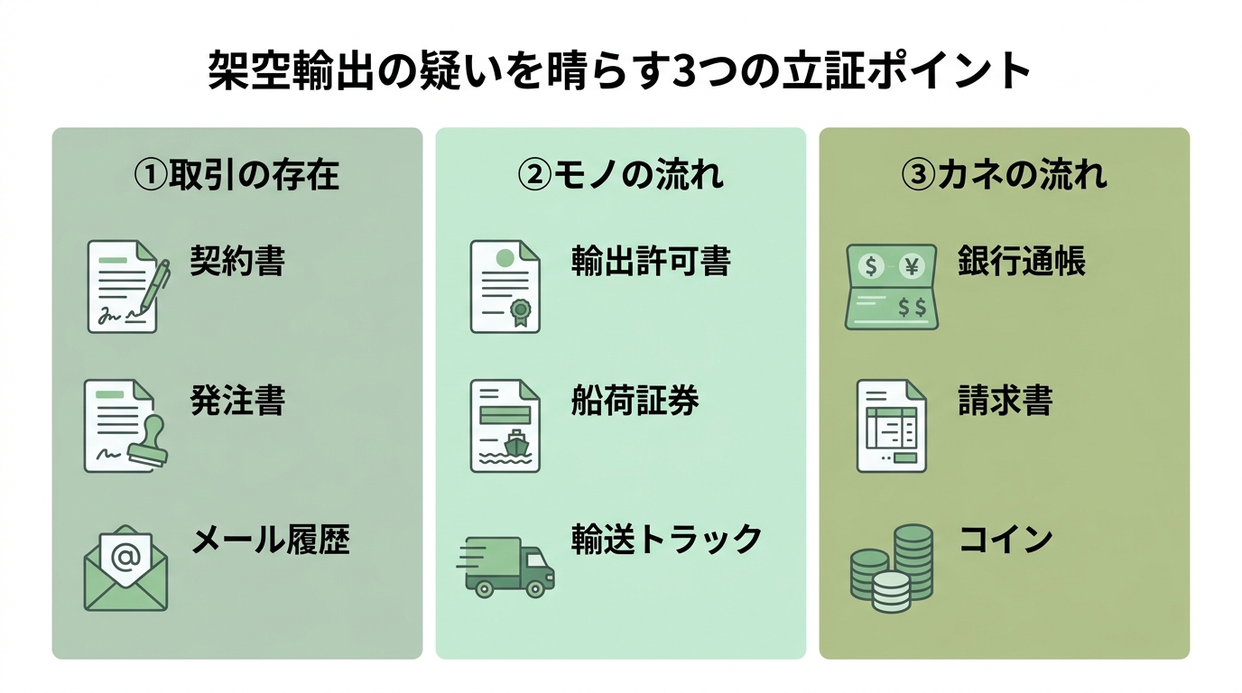 架空輸出の疑いを晴らすために立証すべき3つのポイントを図解。「取引の存在」「モノの流れ」「カネの流れ」それぞれを証明するための具体的な証拠書類がリストアップされている。