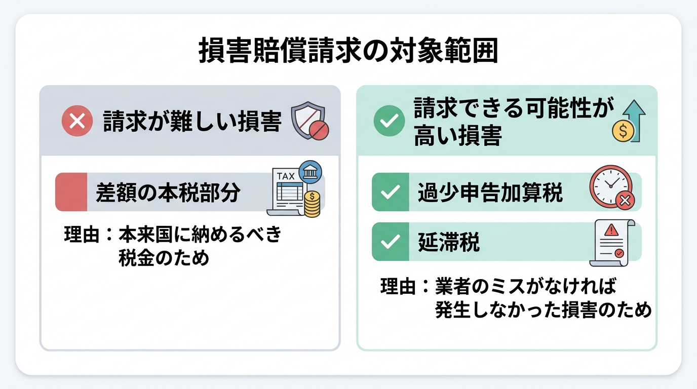 通関業者のミスにおける損害賠償請求の対象範囲を解説した図解。請求できる損害（加算税、延滞税）と難しい損害（本税）を比較している。