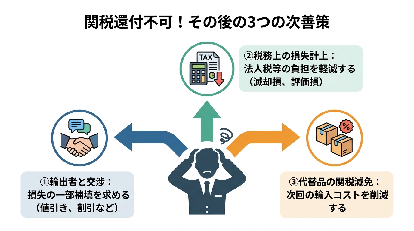 関税還付ができない場合の3つの次善策を図解。輸出者との交渉、税務上の損失計上、代替品の関税減免という選択肢を示している。