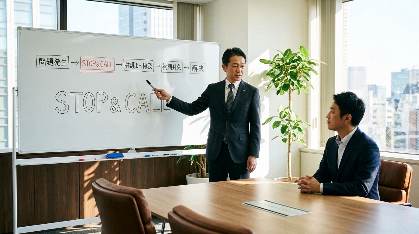 弁護士が再発防止策として「STOP & CALL」ルールをクライアントに説明している様子。専門家による具体的なアドバイスが信頼感を与える。