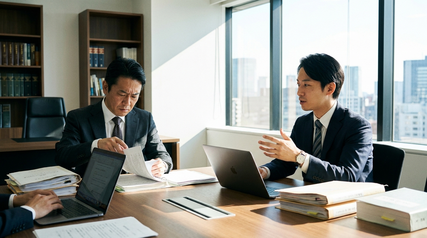 架空輸出の疑いで悩む経営者が、法律事務所で弁護士に相談している様子。専門家によるサポートで問題解決への道筋が見えることを示唆している。