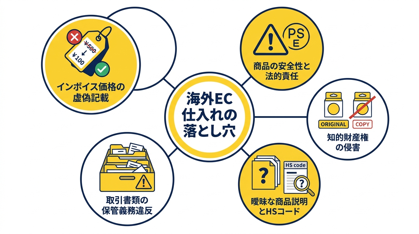 海外ECプラットフォームからの仕入れに潜む5つのリスク（インボイス虚偽記載、商品の安全性、知的財産権侵害、HSコード不一致、書類保管義務違反）を図解したインフォグラフィック。