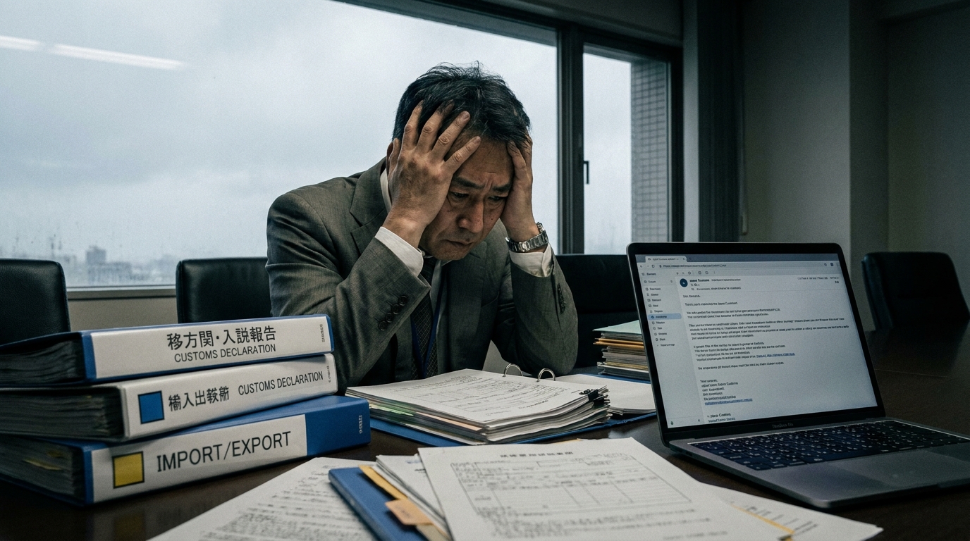 税関事後調査の通知を受け、大量の書類を前に頭を抱える貿易担当者。