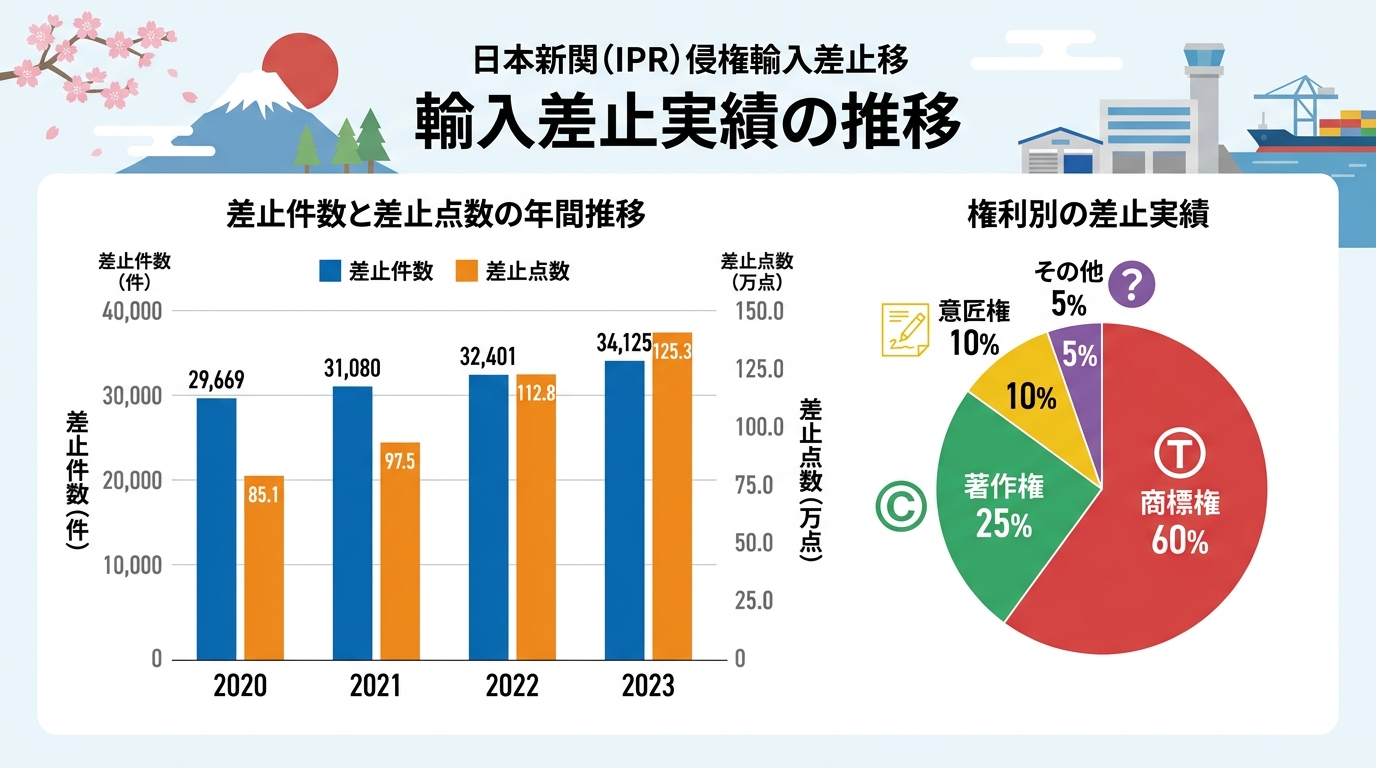 税関における知的財産侵害物品の輸入差止め実績の推移を示すグラフ。商標権と著作権の侵害が多いことを示している。