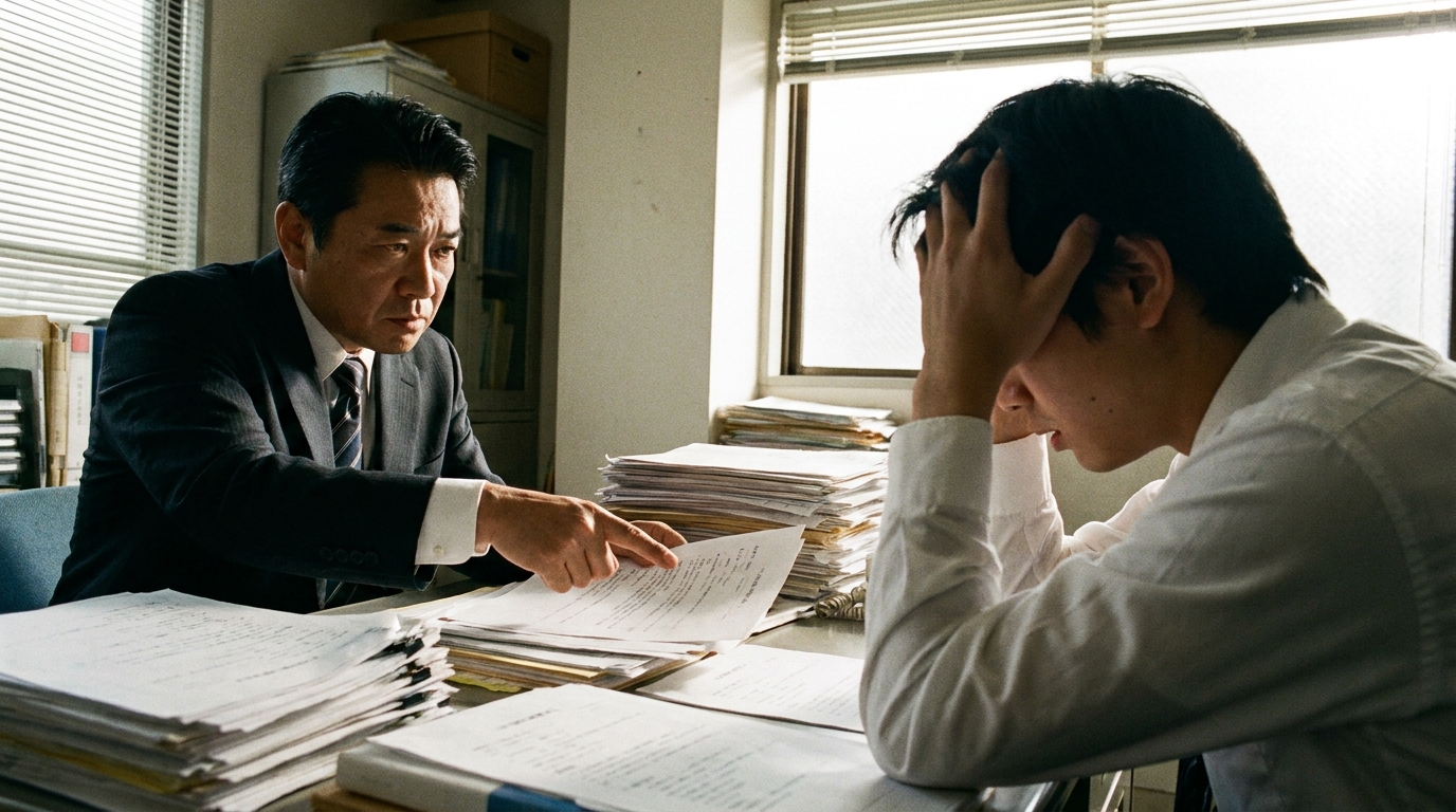 税関事後調査で調査官から厳しい指摘を受け、頭を抱える個人事業主。輸入ビジネスにおける法的リスクの深刻さを象徴している。